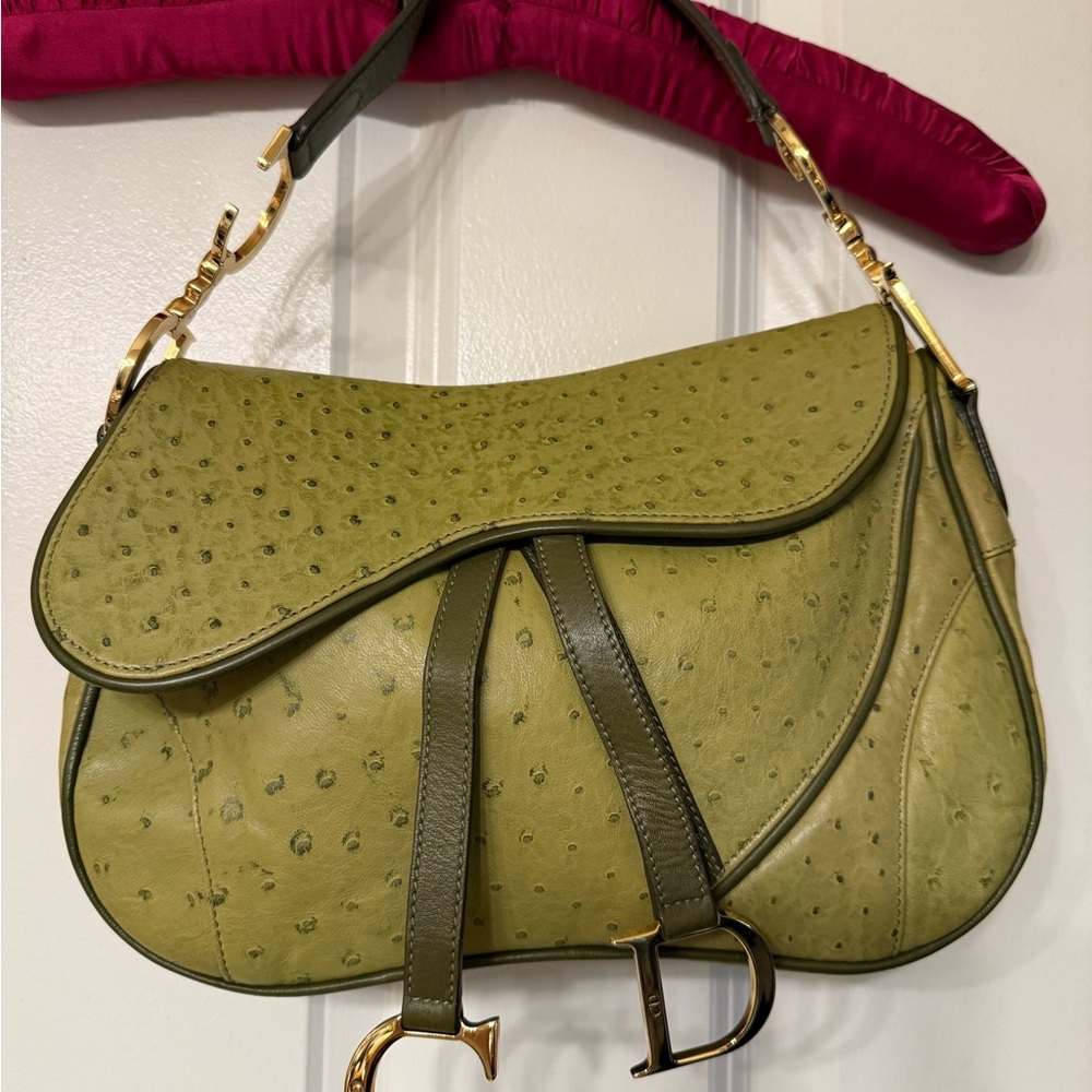 Dior Olive Green Saddle Bag ; Ostrich